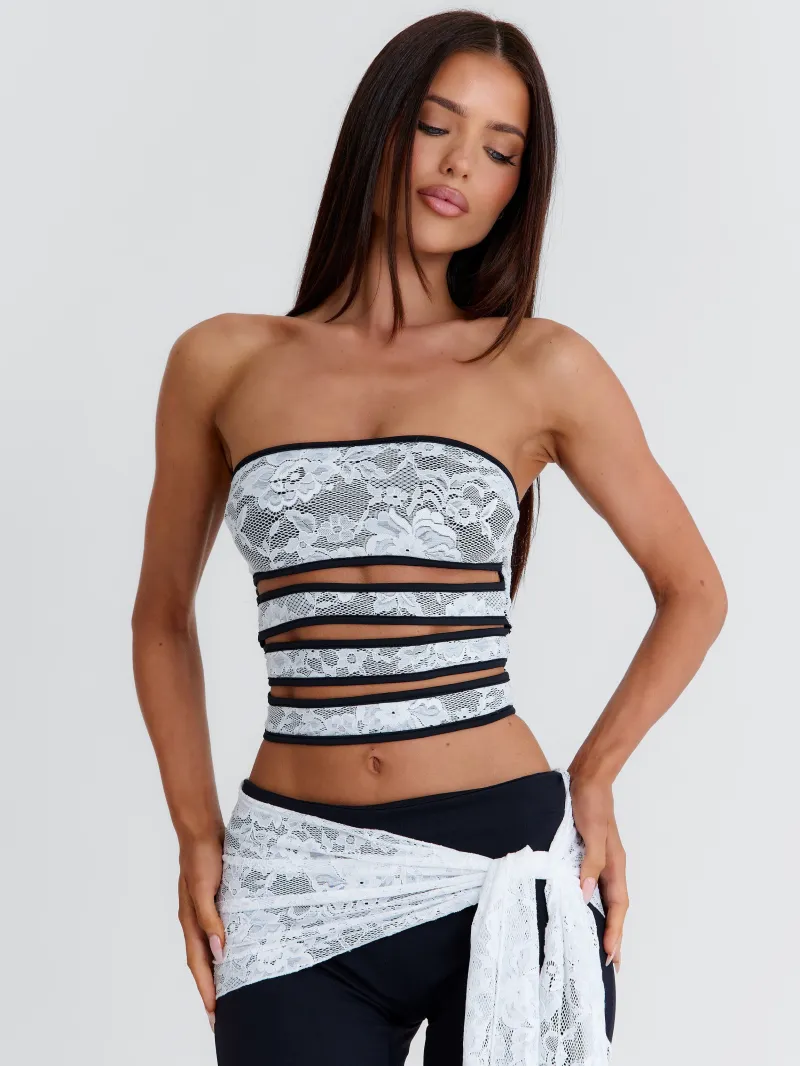 WHITE CUTOUT STRAPLESS CROP TOP - Image 3
