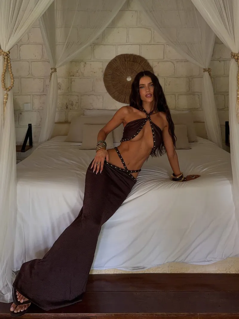 CHOCOLATE HALTER BEADED CROP TOP - Image 3