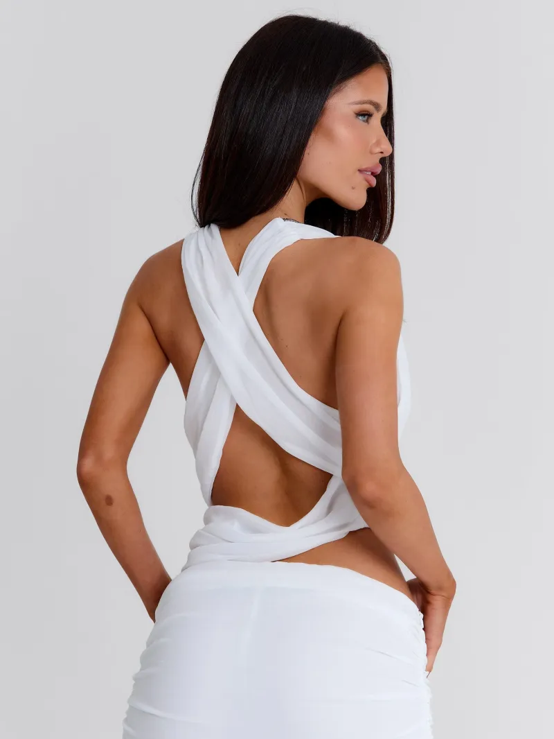 WHITE ASYMMETRIC DRAPED CROP TOP - Image 5