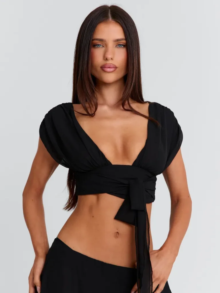 BLACK OPEN BACK DRAPED CROP TOP