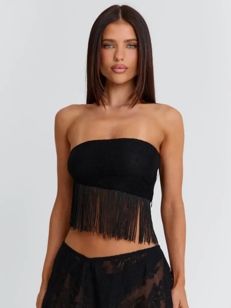 BLACK STRAPLESS FRINGE CROP TOP
