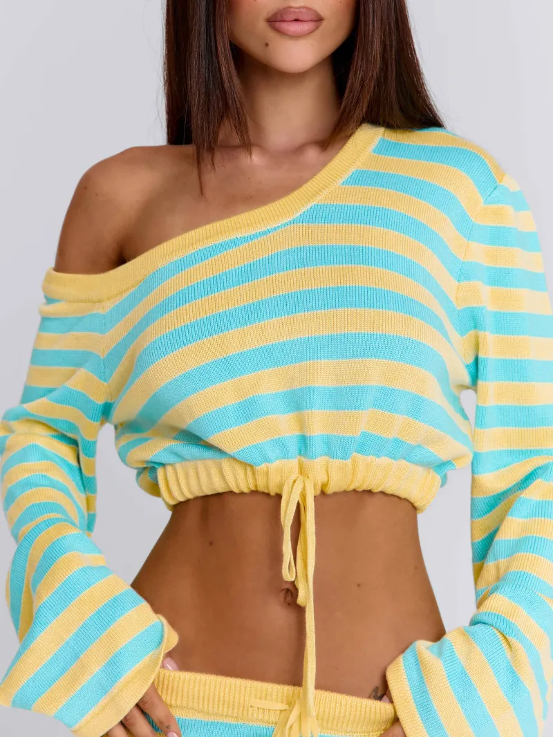 BLUE AND YELLOW STRIPE ASYMMETRIC DRAPED CROP TOP - Image 3