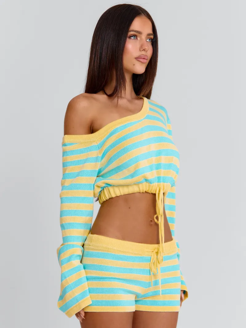 BLUE AND YELLOW STRIPE ASYMMETRIC DRAPED CROP TOP - Image 4