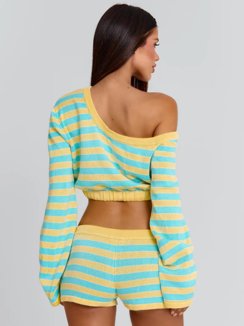 BLUE AND YELLOW STRIPE ASYMMETRIC DRAPED CROP TOP - Image 5