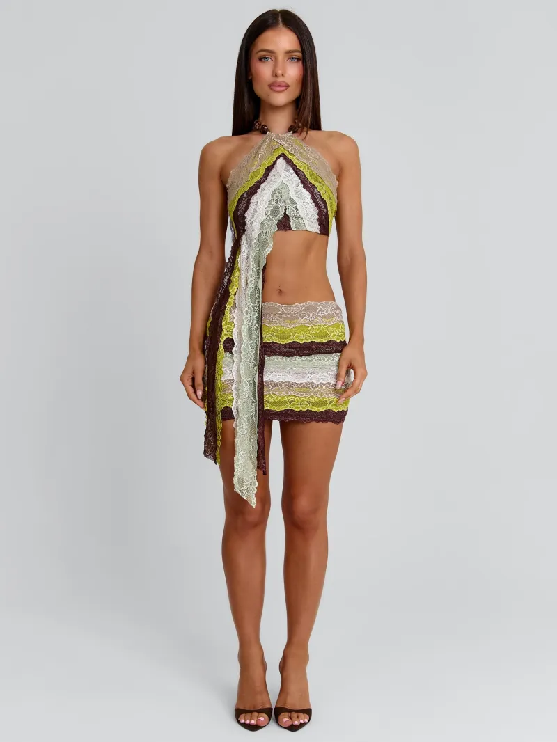 GREEN STRIPE HALTER BEADED CROP TOP - Image 3
