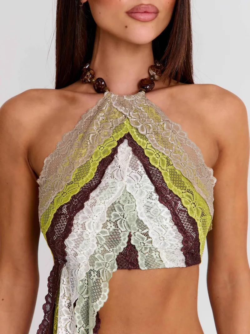 GREEN STRIPE HALTER BEADED CROP TOP - Image 5