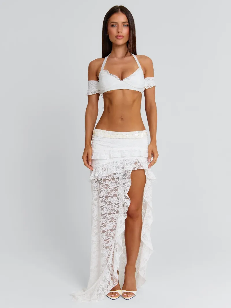 WHITE HALTER FRILL CROP TOP - Image 4