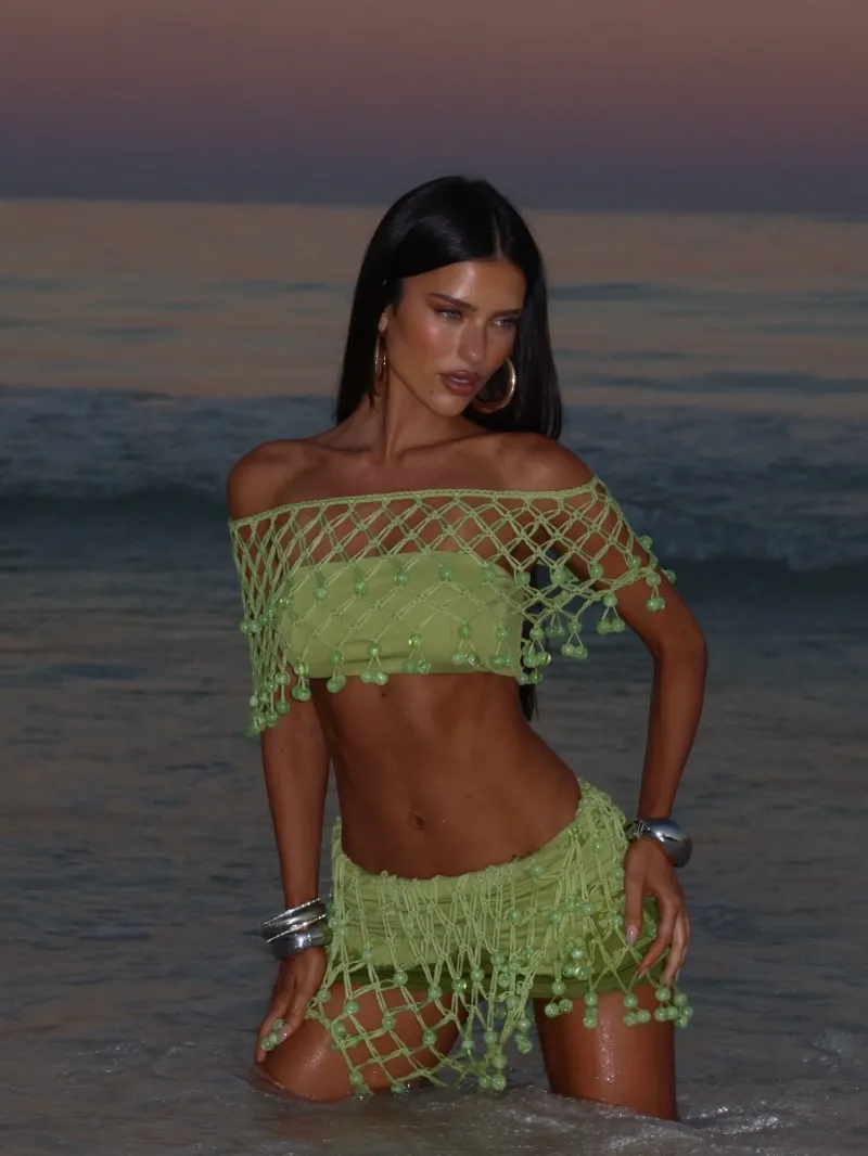 GREEN BANDEAU DRAPED CROP TOP