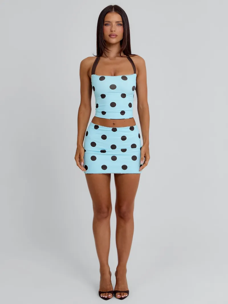 BLUE AND CHOCOLATE POLKA HALTER TIE DETAIL CROP TOP - Image 2