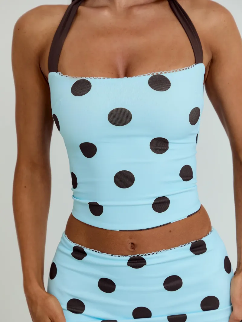 BLUE AND CHOCOLATE POLKA HALTER TIE DETAIL CROP TOP - Image 4