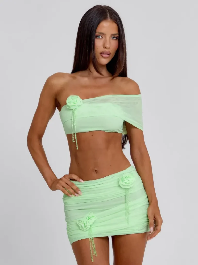 GREEN BEADED MESH CROP TOP