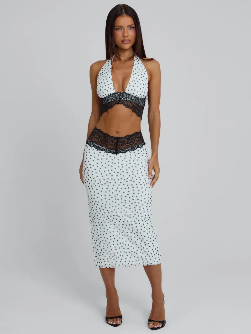 BLACK POLKA DOT HALTER TIE DETAIL CROP TOP - Image 2