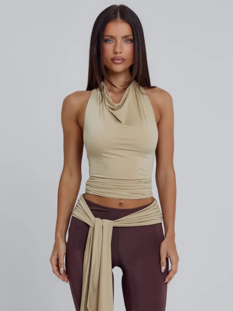 TAN HALTER COWL CROP TOP