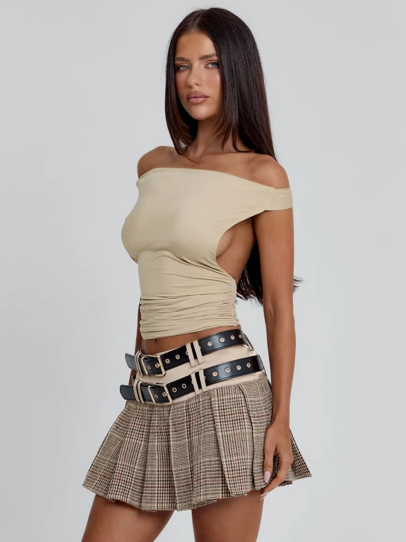TAN HALTER COWL CROP TOP - Image 2