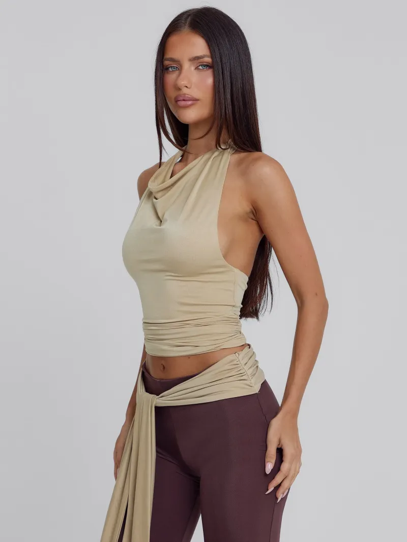 TAN HALTER COWL CROP TOP - Image 4