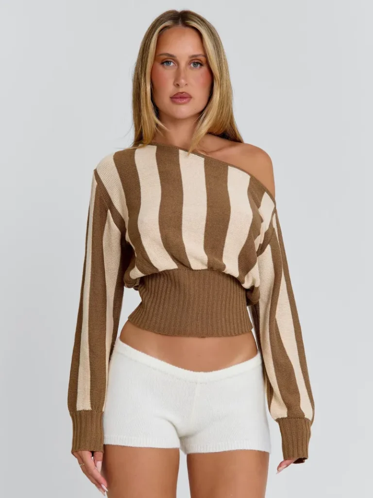 BROWN BEIGE STRIPE KNIT STRETCH CROP TOP