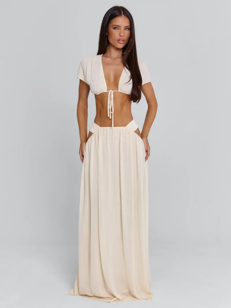CREAM DRAWCORD LINED CROP TOP - Image 2