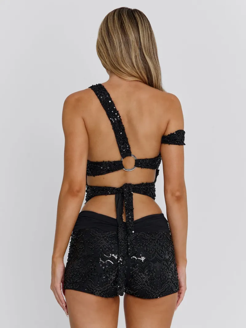BLACK OPEN BACK ASYMMETRIC CROP TOP - Image 4