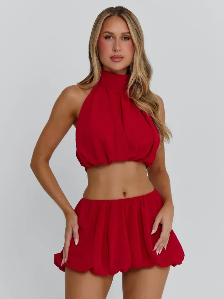 RED OPEN BACK HALTER CROP TOP