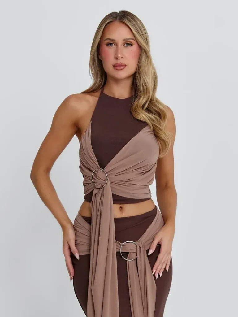 CHOCOLATE OPEN BACK HALTER CROP TOP