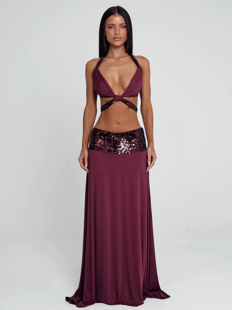 BURGUNDY OPEN BACK HALTER CROP TOP - Image 3