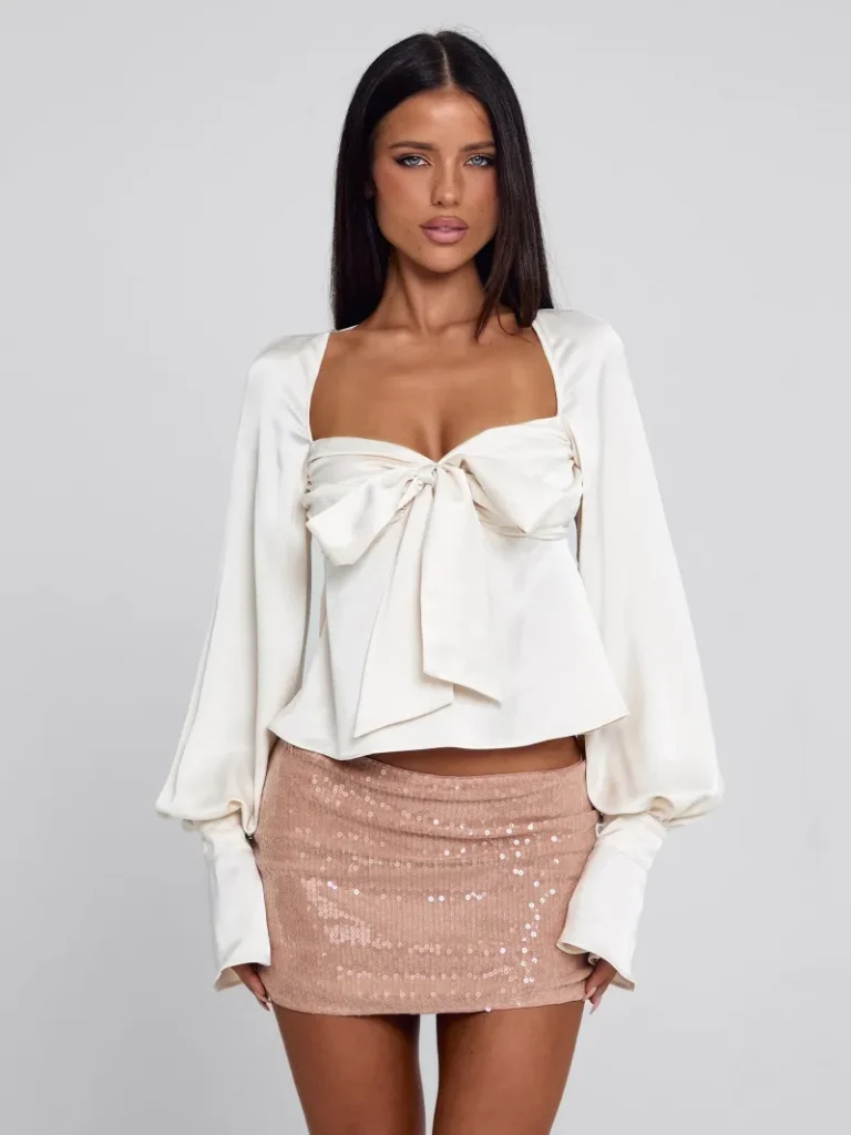 IVORY TIE DETAIL SATIN CROP TOP