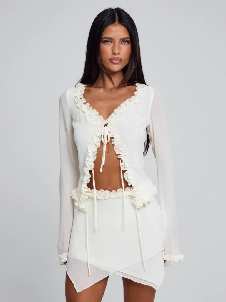 IVORY DRAPED RUFFLE CROP TOP