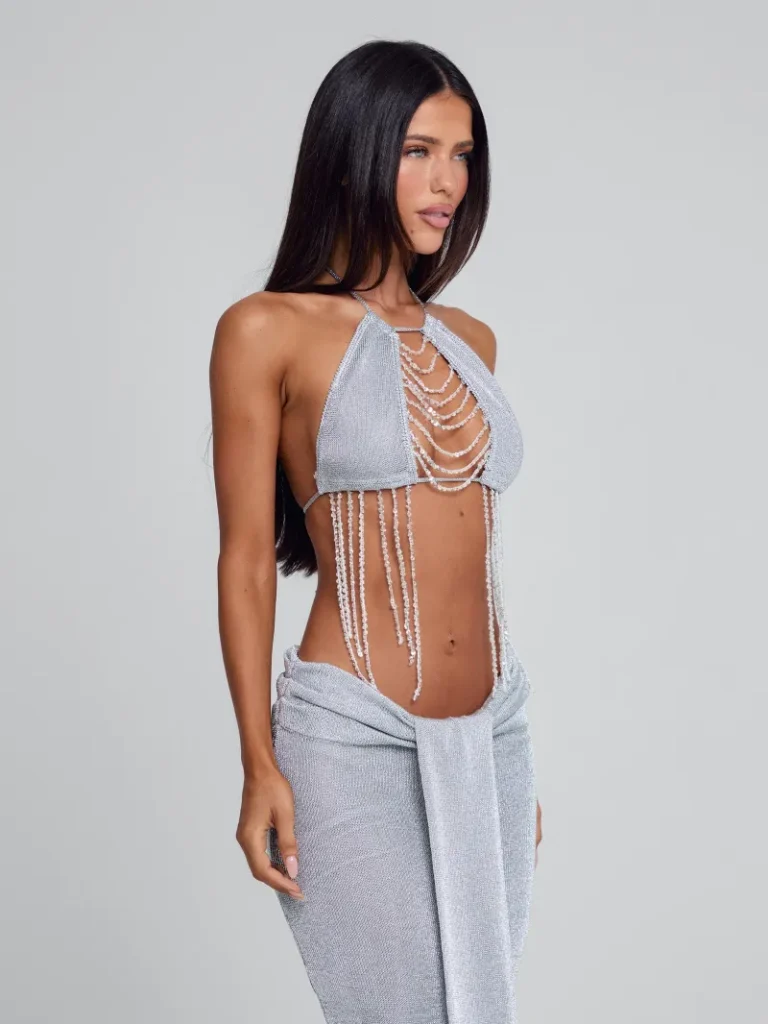 SILVER HALTER SEQUIN CROP TOP