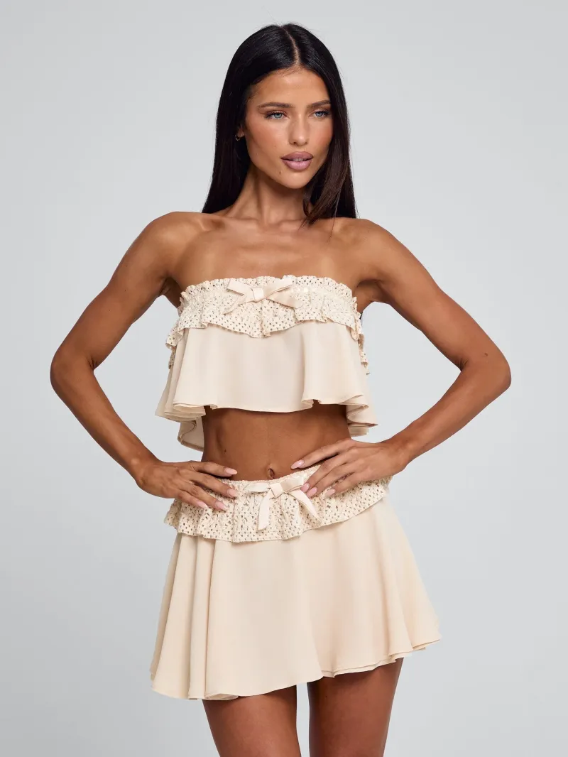 BEIGE STRAPLESS RUFFLE CROP TOP - Image 2