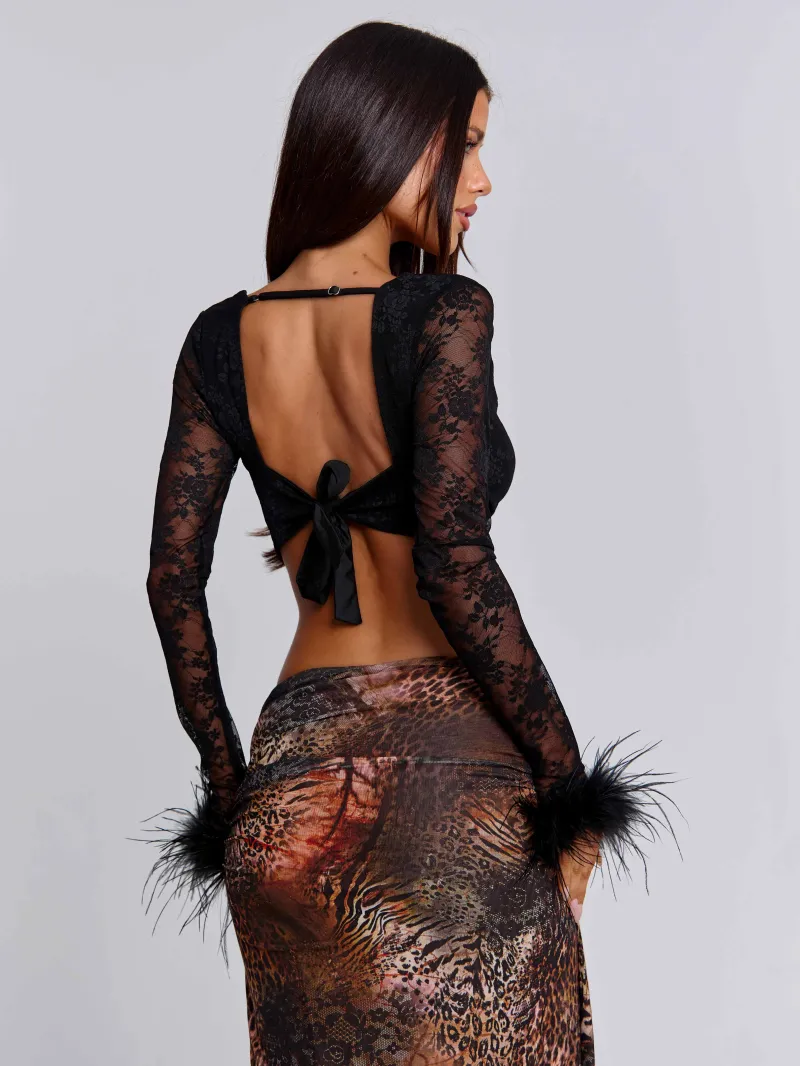 BLACK BACKLESS COWL CROP TOP - Image 2
