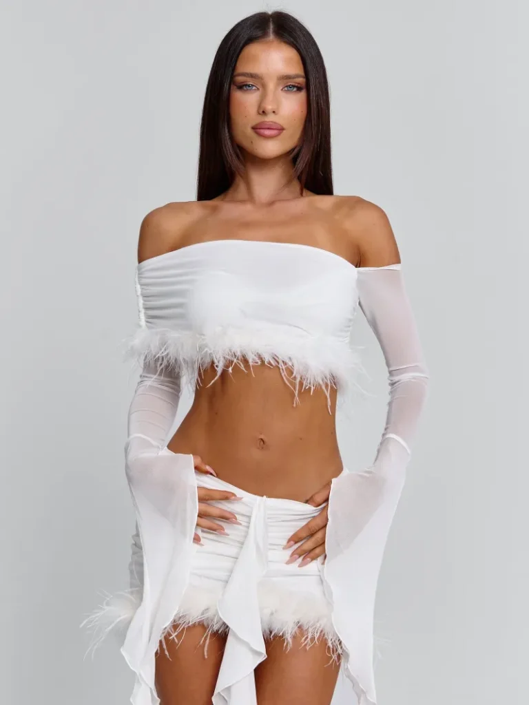 WHITE RUCHED FLOUNCE CROP TOP