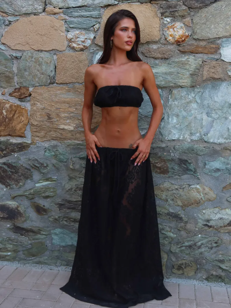 BLACK STRAPLESS BANDEAU TIE DETAIL CROP TOP - Image 4