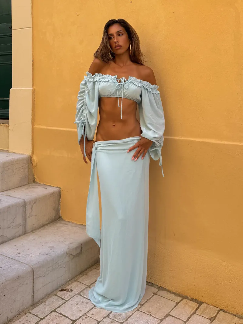 BLUE GATHERED RUFFLE CROP TOP - Image 2