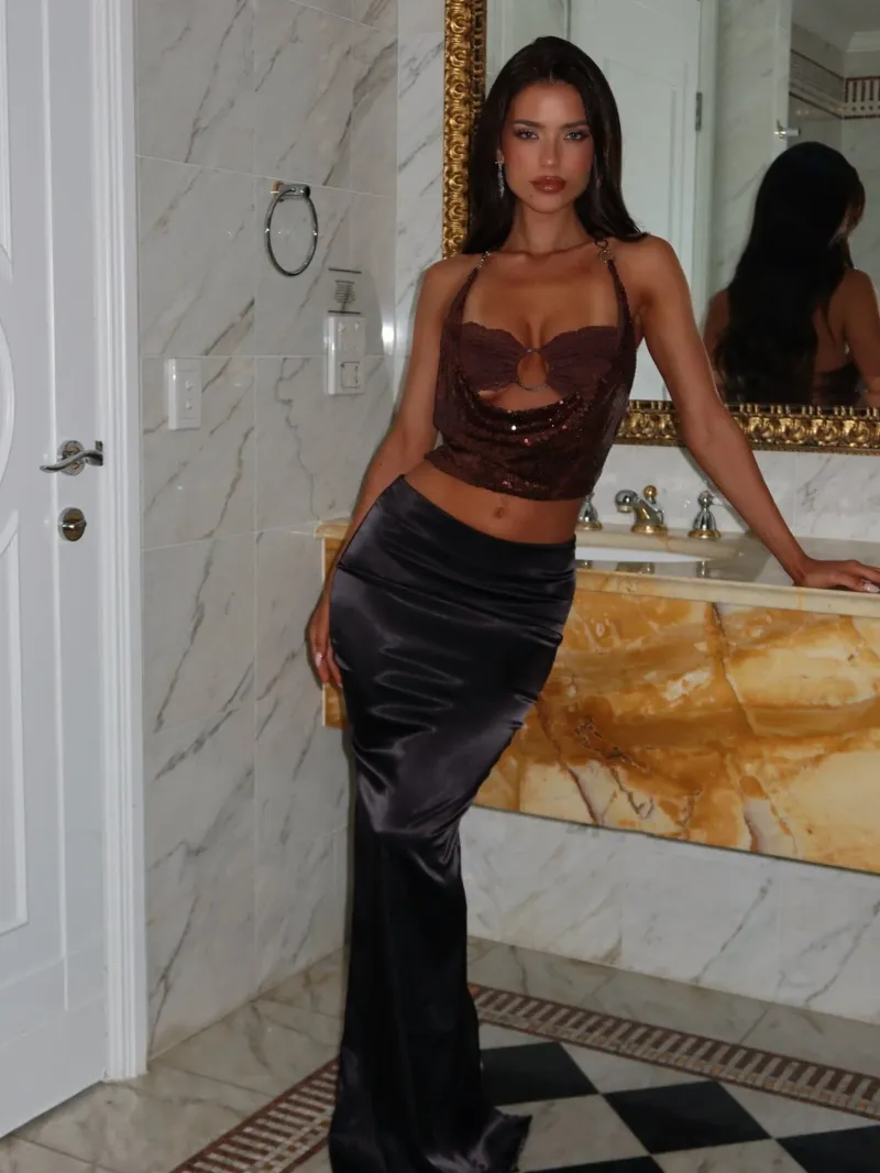 CHOCOLATE CUTOUT HALTER CROP TOP
