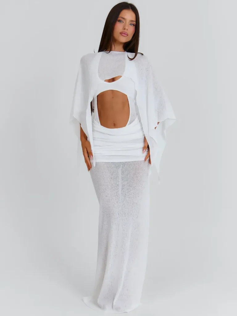WHITE CUTOUT SHEER MAXI DRESS