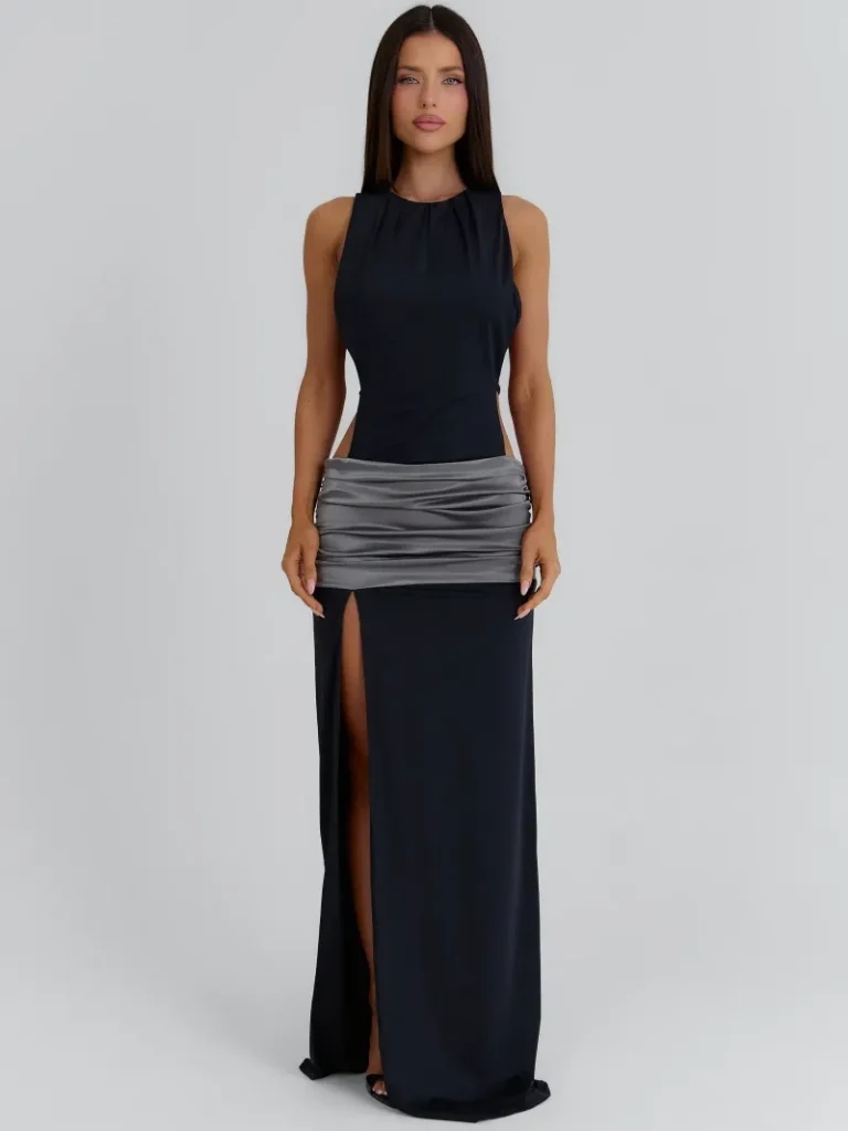BLACK CUTOUT GATHERED MAXI DRESS