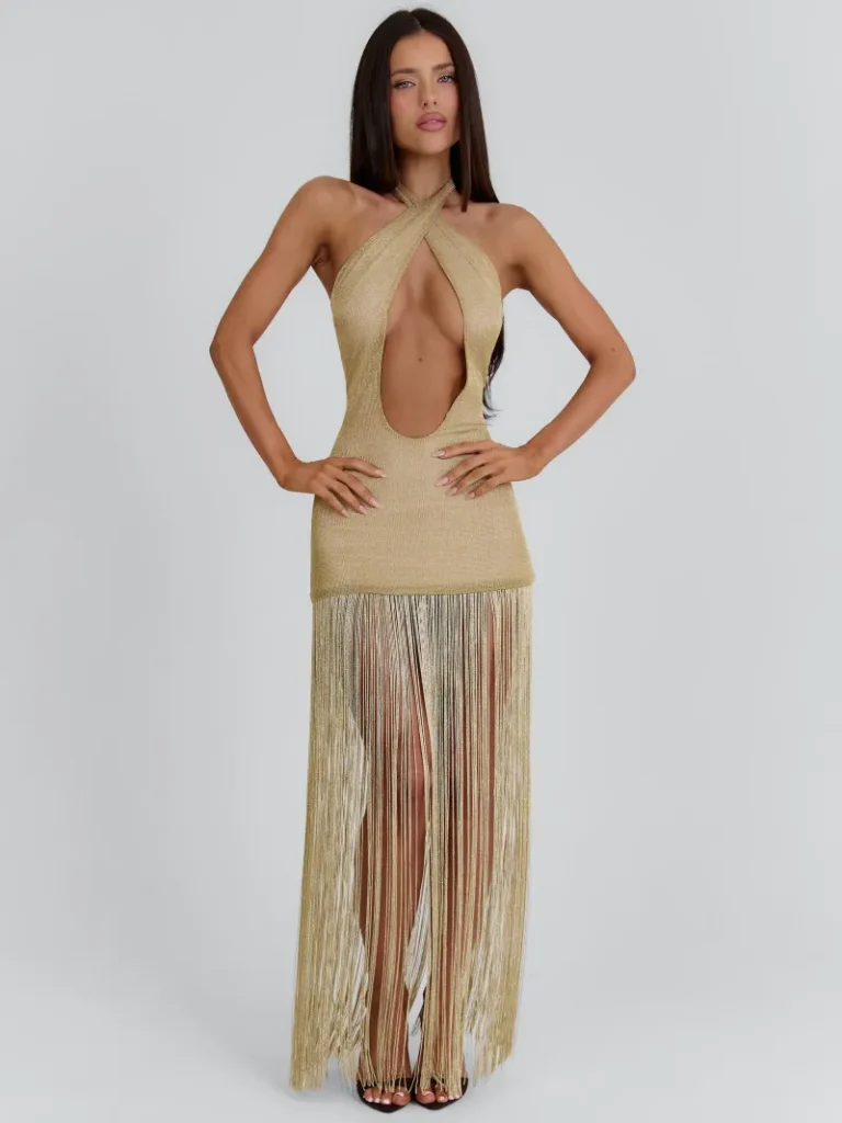 GOLD OPEN BACK PLUNGE MAXI DRESS