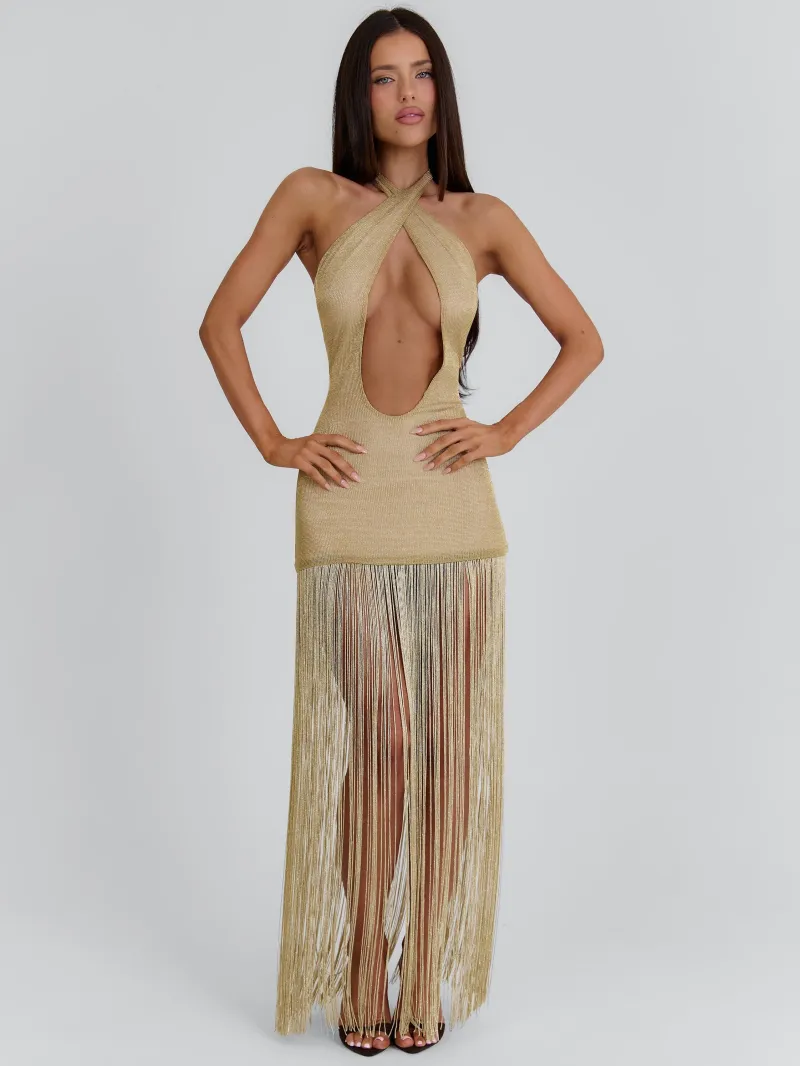 GOLD OPEN BACK PLUNGE MAXI DRESS