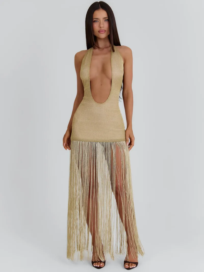 GOLD OPEN BACK PLUNGE MAXI DRESS - Image 3