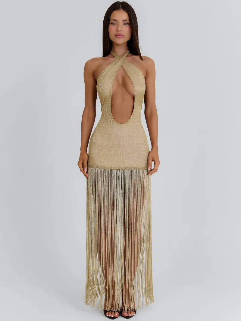 GOLD OPEN BACK PLUNGE MAXI DRESS - Image 5
