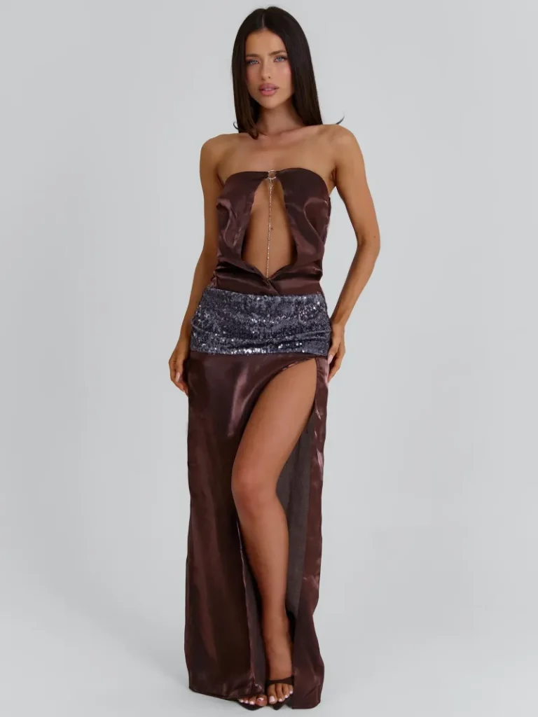 BROWN CUTOUT STRAPLESS MAXI DRESS