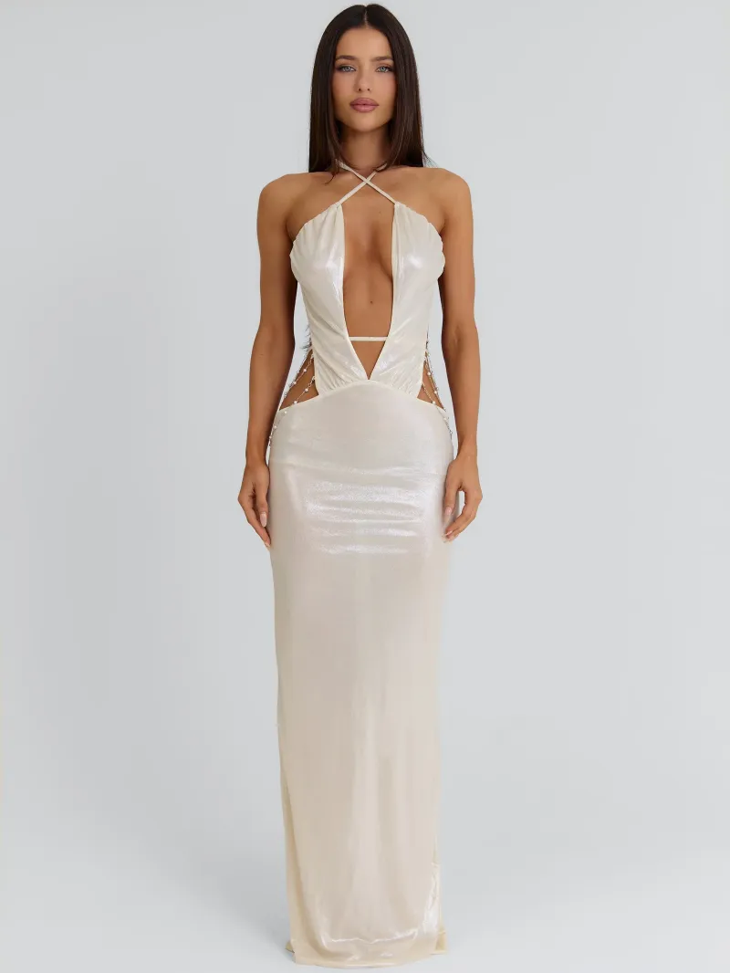 GOLD PLUNGE CHAIN MAXI DRESS