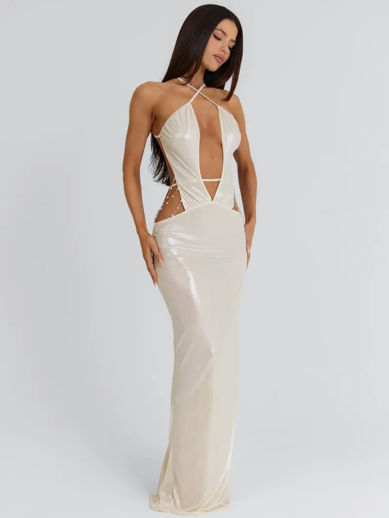 GOLD PLUNGE CHAIN MAXI DRESS - Image 4