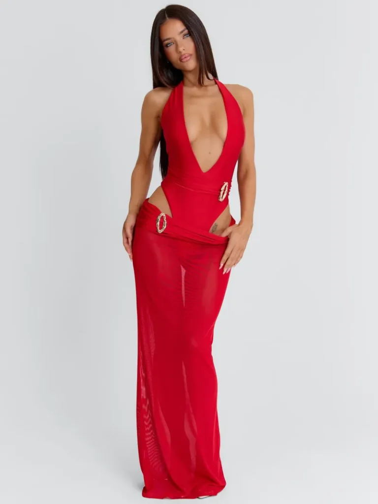 RED CUTOUT PLUNGE MAXI DRESS