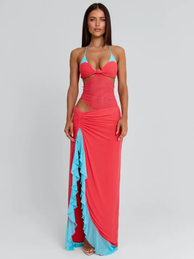 CORAL AND BLUE CUTOUT HALTER MAXI DRESS