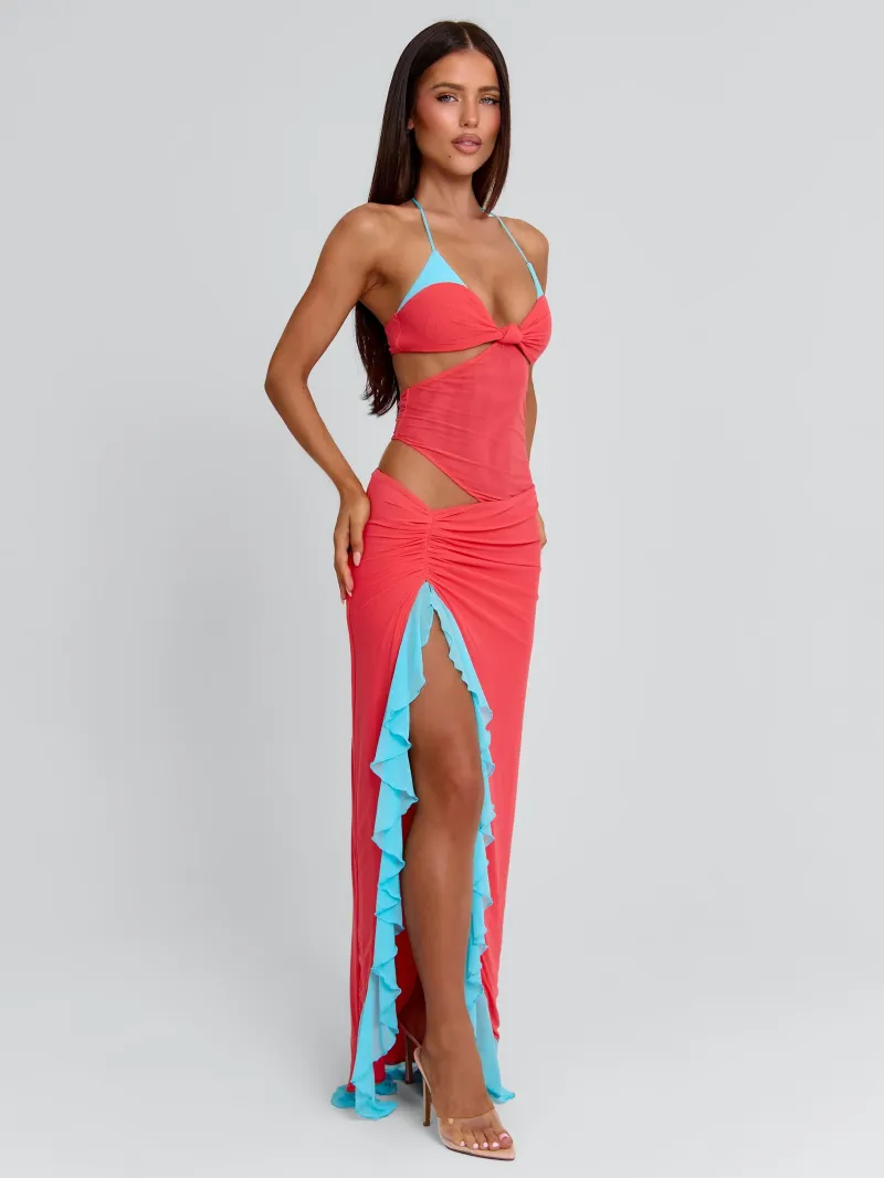 CORAL AND BLUE CUTOUT HALTER MAXI DRESS - Image 3