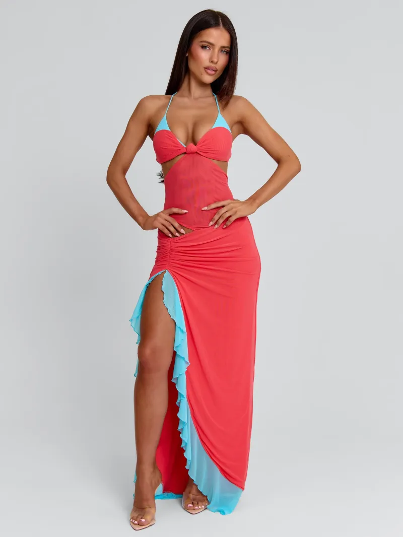 CORAL AND BLUE CUTOUT HALTER MAXI DRESS - Image 4