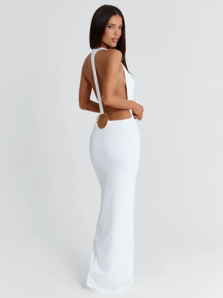 WHITE OPEN BACK PLUNGE MAXI DRESS