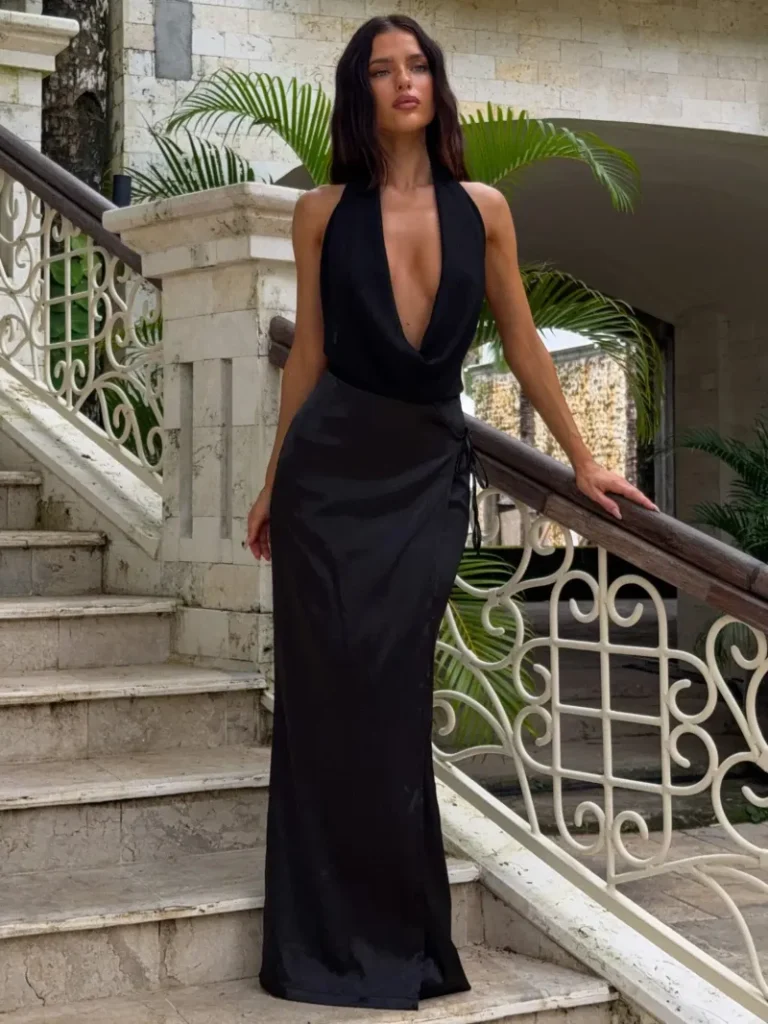 BLACK OPEN BACK COWL MAXI DRESS