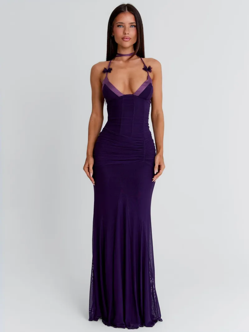 PURPLE HALTER MESH MAXI DRESS - Image 3